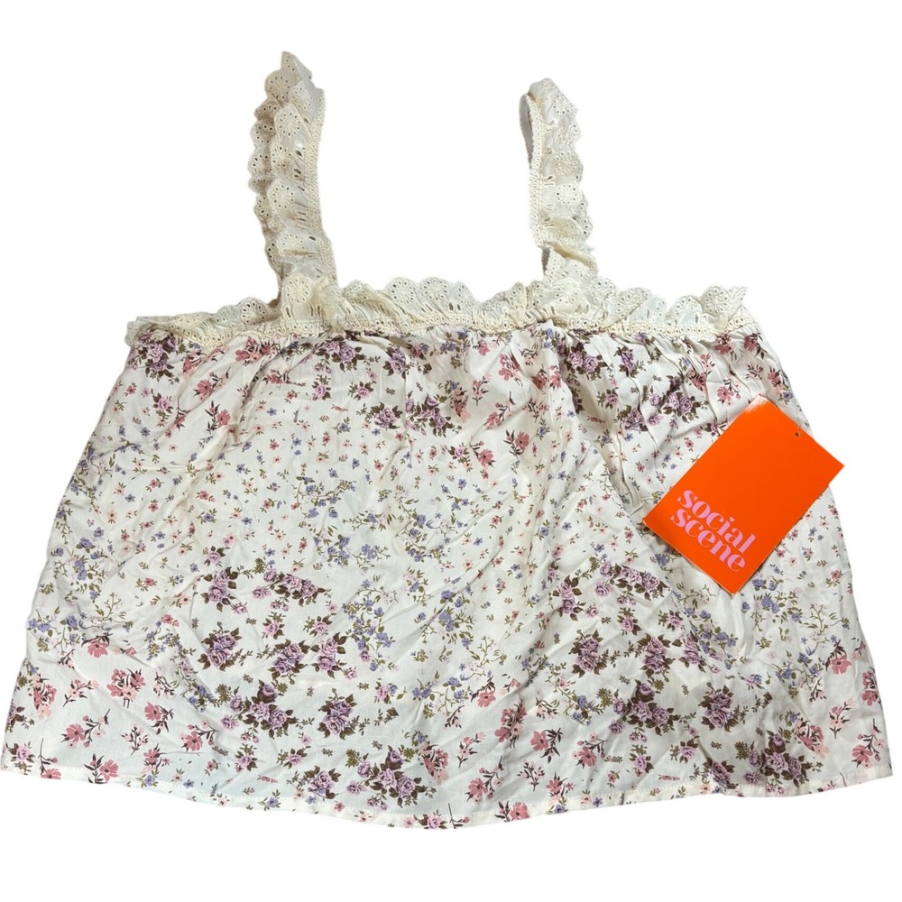 NWT Social Scene Cottagecore Floral Eyelet‎ Lace Ruffle Strap Camisole M